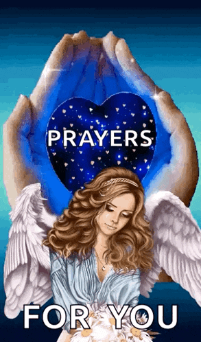 a woman with angel wings is holding a heart in her hands with the words prayers for you