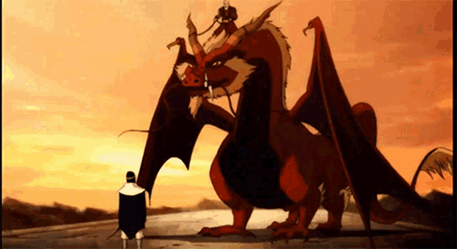 a man standing next to a large red dragon with wings