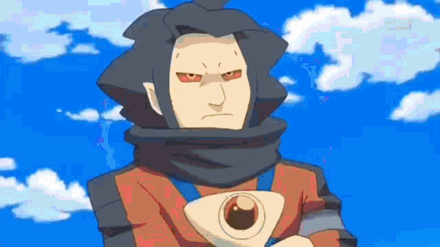 a cartoon character is wearing a scarf around his neck and holding a triangle shaped object .