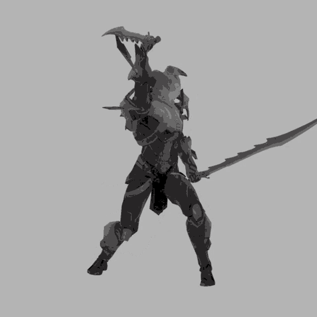 a statue of a man holding two swords