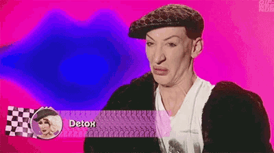 a man wearing a hat and a fur coat with the name detox on a pink background