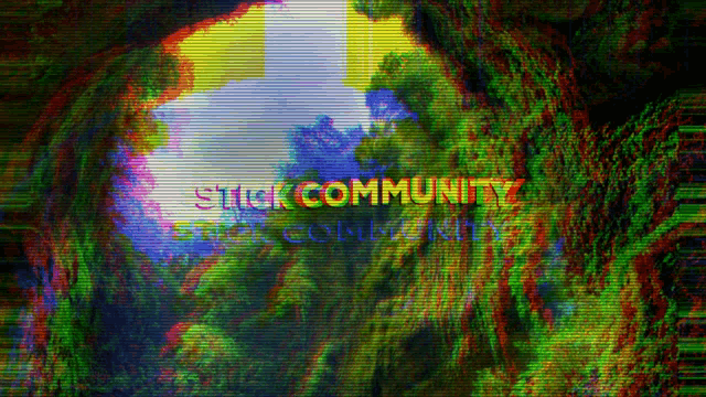 a glitch image of a cave with the words stuck community written on it