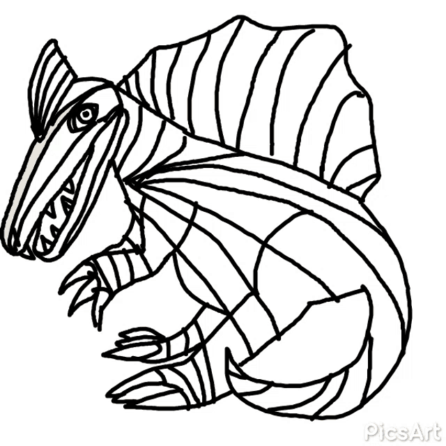 a drawing of a dinosaur with a long tail and sharp teeth on a white background .
