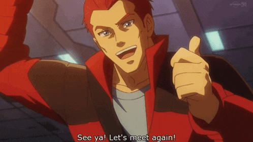a man in a red jacket giving a thumbs up with the words see ya let 's meet again below him