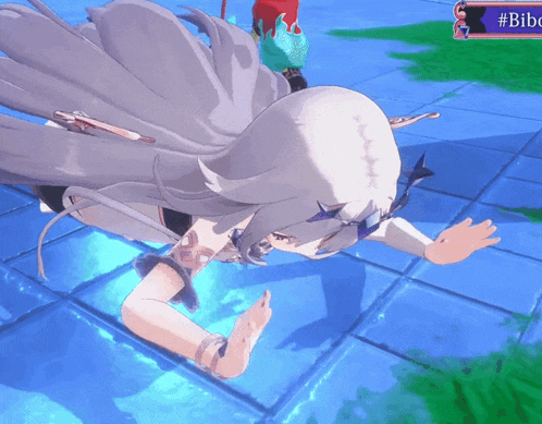 a video game character is laying on the floor with bibc written on the bottom right