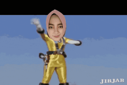 a cartoon of a woman wearing a pink hijab with jibjab written on the bottom right