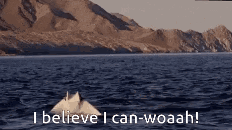 a whale is swimming in the ocean with the words " i believe i can woaah " below it