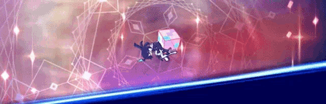 a cartoon character is flying through the air while holding a cube .