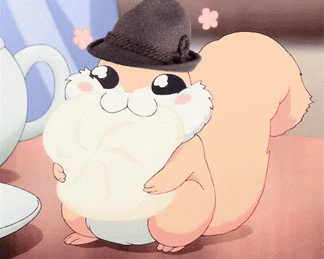 a cartoon squirrel is wearing a hat and holding a piece of bread