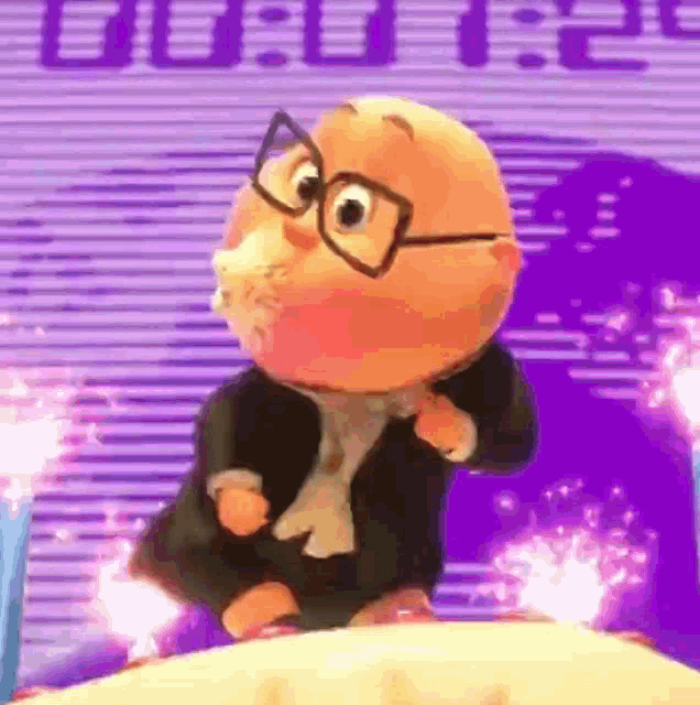 a cartoon character with glasses is standing on a cake with candles