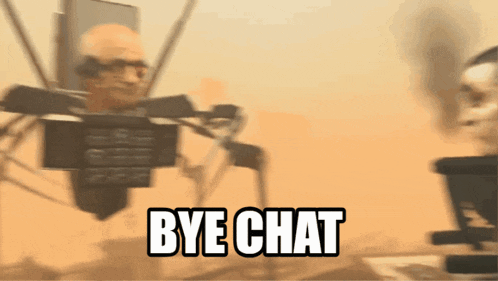 a picture of a man behind a microphone with the words bye chat on it