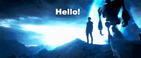 a silhouette of a man standing in front of a robot with the words hello on the bottom