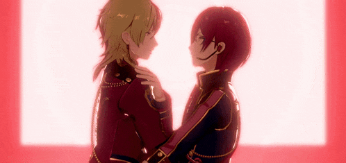 a couple of anime characters standing next to each other with a red background
