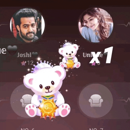 a white teddy bear with a medal around its neck is sitting next to a picture of a man and a woman