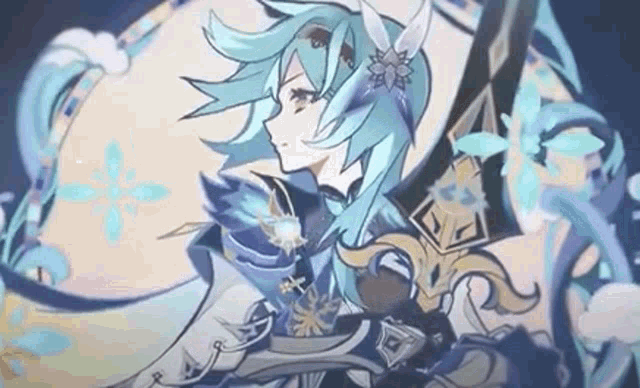 a drawing of a girl with blue hair holding a sword in a video game .