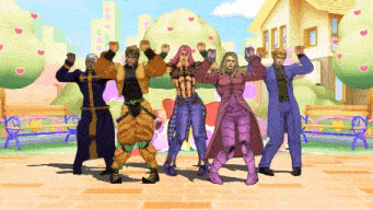 a group of cartoon characters are standing in a park