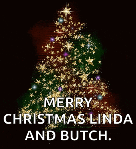 a picture of a christmas tree with gold stars and the words merry christmas linda and butch