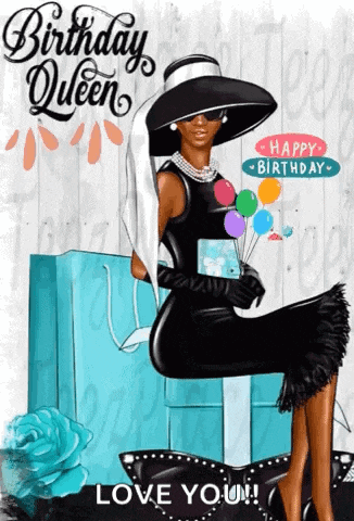 a woman in a black dress and hat is sitting on a gift box holding balloons .