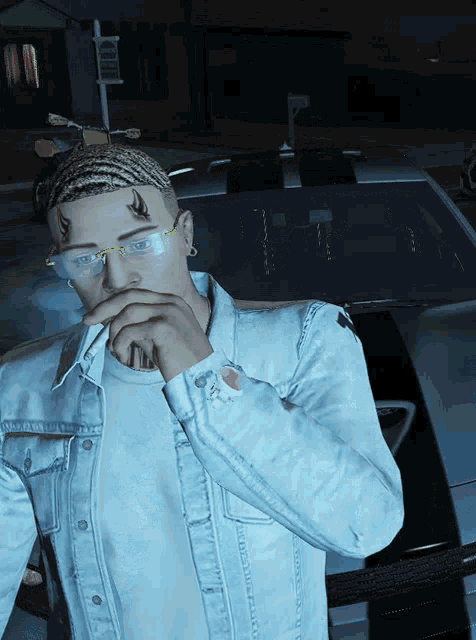 a man wearing glasses and a denim jacket is standing next to a car