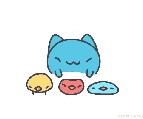 a cartoon drawing of a blue cat with blueberries and pink feet