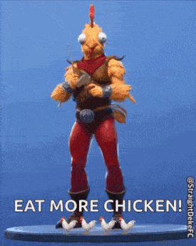 a man dressed as a chicken is standing next to three chickens and says eat more chicken .