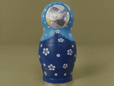 a blue green and orange nesting doll with flowers on the face
