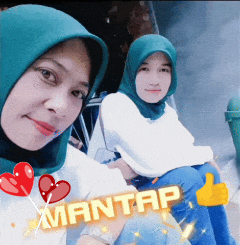 two women sitting next to each other with the word mantap written on their shirt