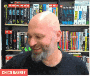 a bald man with a beard and the name chico barney on the bottom right