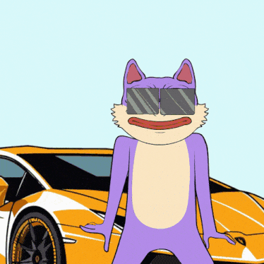 a cartoon cat wearing sunglasses is standing in front of a yellow car