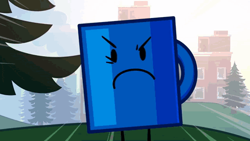 a blue mug with an angry face is standing in front of a building