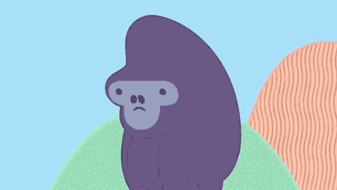 a purple gorilla is sitting on a hill with a sad face .