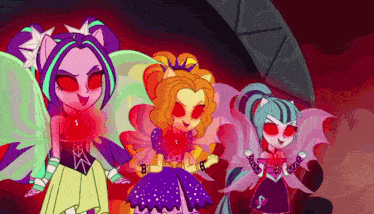 three cartoon girls with red eyes are standing next to each other in a dark room