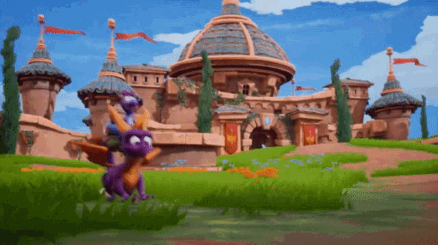 a purple dragon is standing in front of a large building