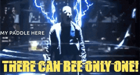 a man is standing in front of a lightning bolt with the words `` there can be only one '' above him .