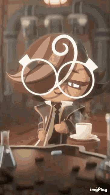 a cartoon character with glasses and a cup of coffee