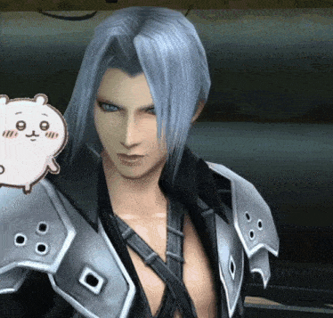 a close up of a video game character 's face with a white cartoon character behind him