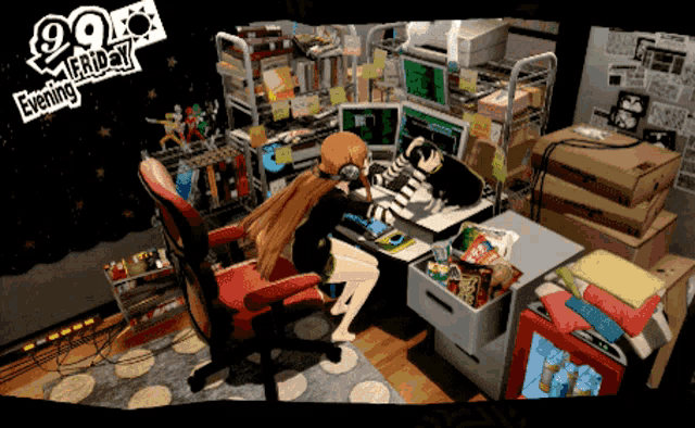 a girl sits at a desk in a room with a sign that says 90 % friday evening