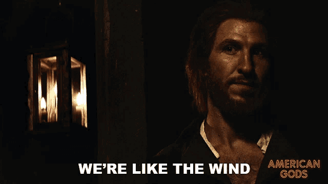 a poster for american gods shows a man with a beard and the words we 're like the wind