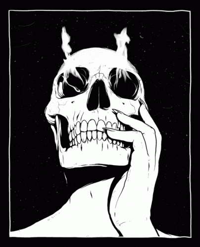a black and white drawing of a skull with flames coming out of it