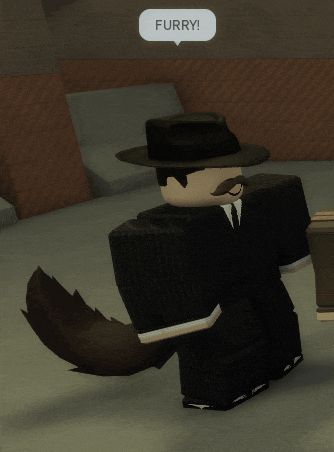 a man in a suit and hat says furry in a speech bubble