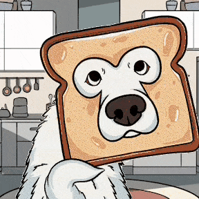 a cartoon dog holding a piece of toast in front of its face