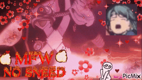 a pink background with the words mfw no need written in red