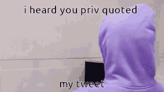 a person wearing a purple hoodie and hat says i heard you priv quoted my tweet