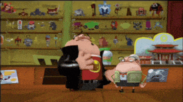 a couple of cartoon characters standing in front of a toy display