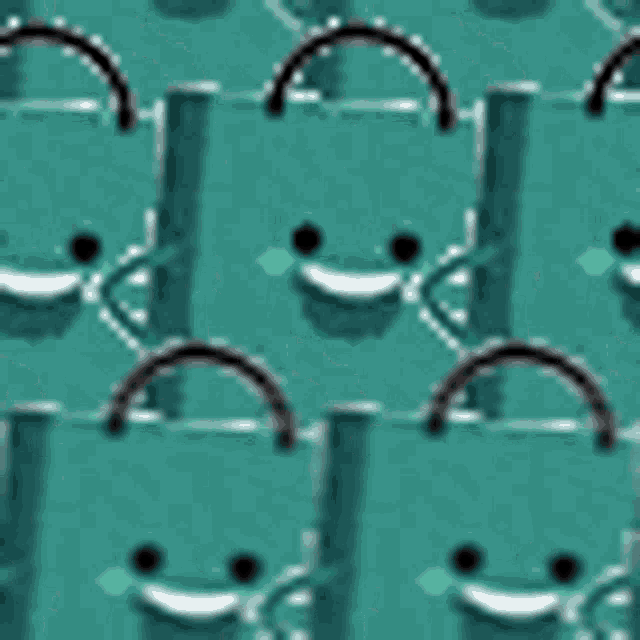 a seamless pattern of teal shopping bags with smiley faces on them