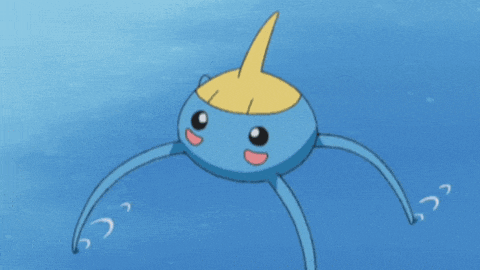 a blue cartoon character with a yellow top is swimming in the ocean