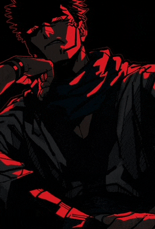 a black and red drawing of a man with a scarf around his head