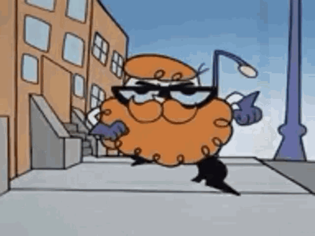 a cartoon character with glasses and a mustache is walking down a sidewalk .