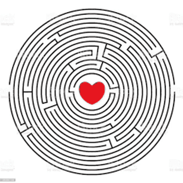 a circular maze with a red heart in the center .