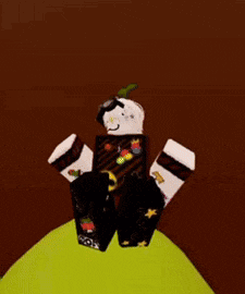a cartoon character is standing on top of a grassy hill .
